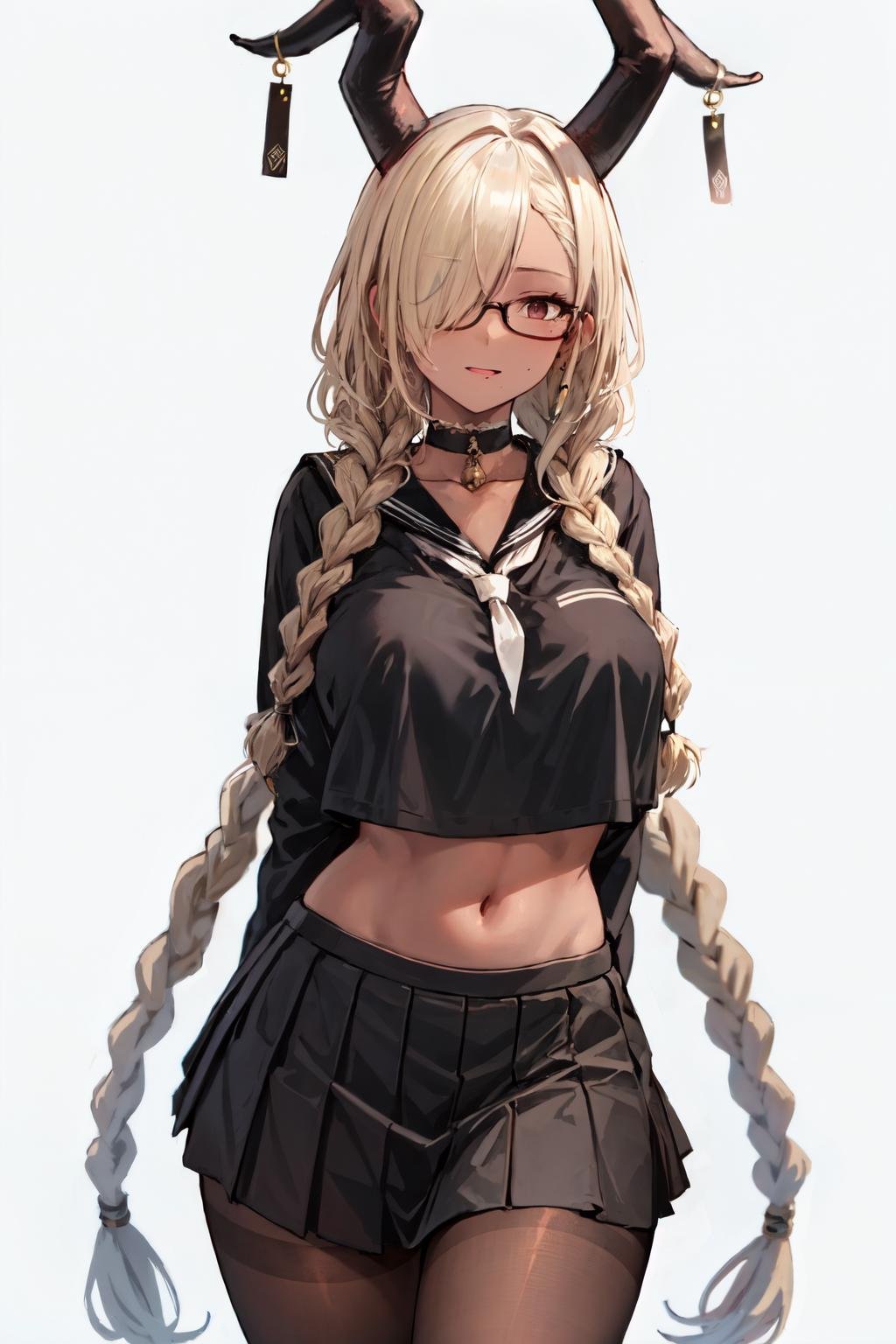 <lora:owari_al:1>owari al, solo, black shirt, pleated skirt, crop top overhang, glasses, very long hair, white background, school uniform, mole, semi-rimless eyewear, black serafuku, large breasts, pantyhose, dark skin, choker, black horns, 1girl, dark-skinned female, looking at viewer, black-framed eyewear, mole under eye, crop top, midriff, arms behind back, simple background, brown pantyhose, long hair, blonde hair, hair over one eye, twin braids