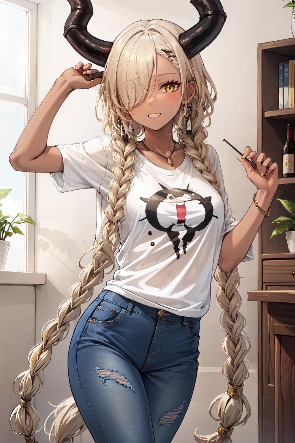 <lora:owari_al:1>owari al, horn, twin braids, very long hair, blonde hair,dark-skinned female, dark skin, yellow eyes, hair over one eye, White t-shirt, jeans