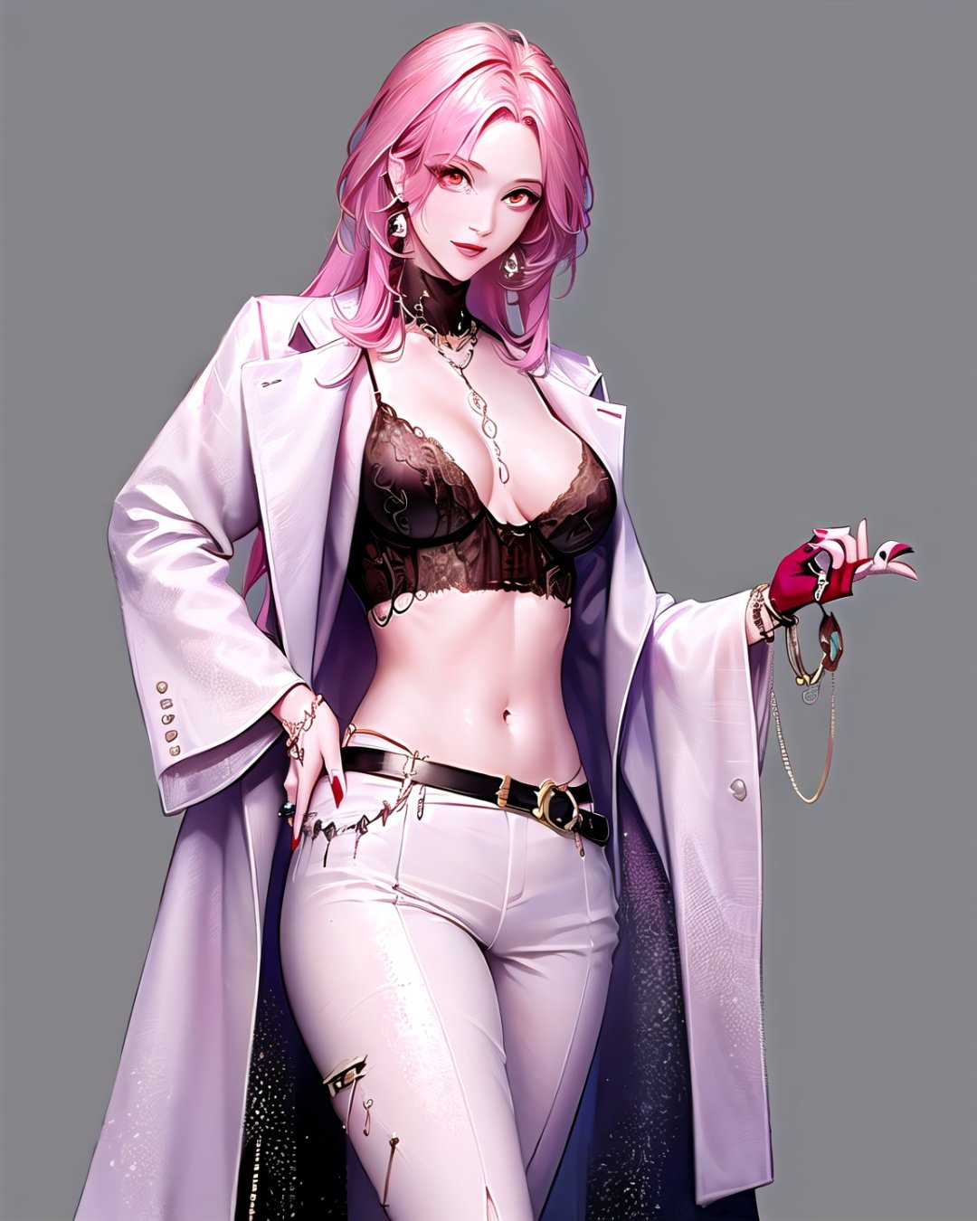 wuqimitu, mature female, 1girl, jewelry, breasts, gloves, solo, long hair, pink hair, ring, earrings, navel, pants, necklace, cleavage, gem, belt, grey background, simple background, white pants, midriff, red gemstone, black gloves, single glove, red eyes, lace gloves, coat, hand on hip, bra, looking at viewer, white coat, cowboy shot, beads, jacket, stomach, long sleeves, very long hair, makeup, medium breasts, hand up, wide sleeves, nail polish, red nails, half gloves, bangs, open clothes, underwear, crop top, floral print, closed mouth, chain, white jacket, green gemstone, multiple rings, smile, bustier, open coat, bracelet