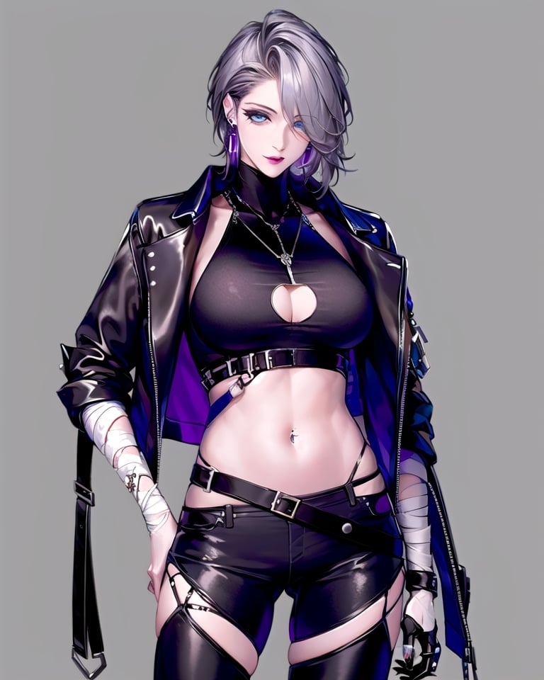 wuqimitu, mature female, 1girl, solo, breasts, jewelry, blue eyes, jacket, hair over one eye, earrings, necklace, pants, hand in pocket, simple background, gloves, piercing, navel, grey background, looking at viewer, belt, ear piercing, grey hair, makeup, leather, black pants, purple lips, black gloves, midriff, claws, leather pants, parted lips, clothing cutout, bandages, large breasts, open jacket, black jacket