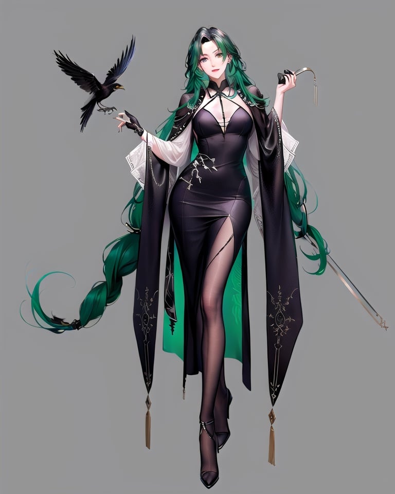 mature female, long hair, 1girl, solo, simple background, bird, grey background, full body, green hair, holding, gloves, chinese clothes, very long hair, black footwear, black gloves, green eyes, dress, looking at viewer, shawl, standing, pantyhose, breasts, fingerless gloves, white dress, wavy hair, crow, jewelry, holding bag, bangs, long sleeves, bag, smile, black nails, snake, china dress, stole, pants, boots, jacket, ribbon, closed mouth