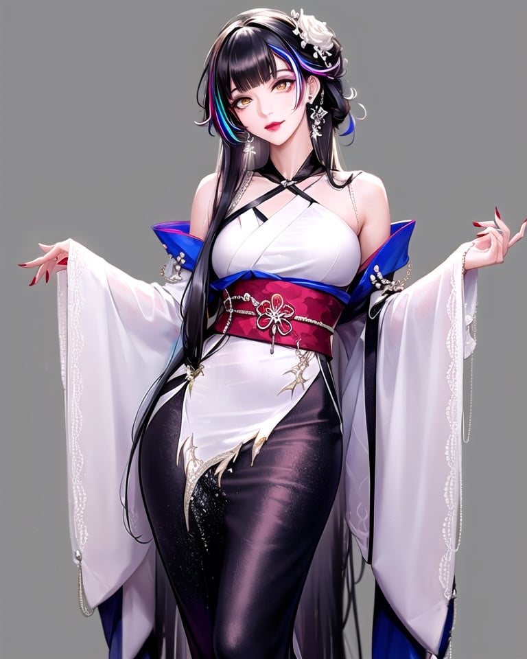 wuqimitu, mature female, 1girl, solo, long hair, black hair, grey background, multicolored hair, japanese clothes, white hair, looking at viewer, head tilt, very long hair, mole, red lips, bangs, simple background, kimono, red nails, smile, mole under eye, wide sleeves, sash, blunt bangs, streaked hair, flower, closed mouth, nail polish, standing, dress, makeup, yellow eyes