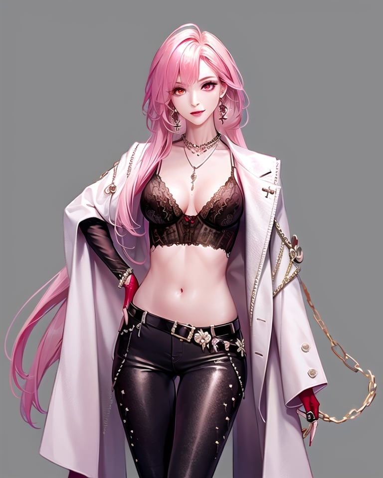 wuqimitu, mature female, 1girl, jewelry, breasts, gloves, solo, long hair, pink hair, ring, earrings, navel, pants, necklace, cleavage, gem, belt, grey background, simple background, white pants, midriff, red gemstone, black gloves, single glove, red eyes, lace gloves, coat, hand on hip, bra, looking at viewer, white coat, cowboy shot, beads, jacket, stomach, long sleeves, very long hair, makeup, medium breasts, hand up, wide sleeves, nail polish, red nails, half gloves, bangs, open clothes, underwear, crop top, floral print, closed mouth, chain, white jacket, green gemstone, multiple rings, smile, bustier, open coat, bracelet