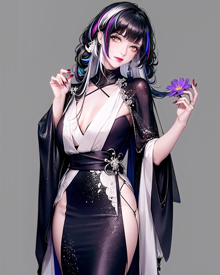 wuqimitu, mature female, 1girl, solo, long hair, black hair, grey background, multicolored hair, japanese clothes, white hair, looking at viewer, head tilt, very long hair, mole, red lips, bangs, simple background, kimono, red nails, smile, mole under eye, wide sleeves, sash, blunt bangs, streaked hair, flower, closed mouth, nail polish, standing, dress, makeup, yellow eyes