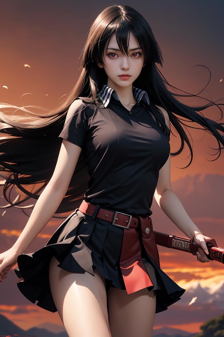 (masterpiece, best quality), 1girl, beautiful face,  <lora:akame:1> akame, long hair, black skirt, black clothes, pleated skirt, belt, red eyes, sword, katana, sheath