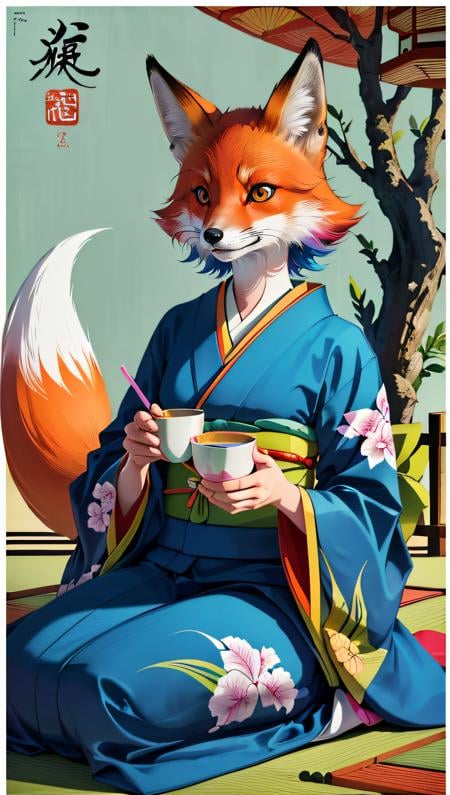 (best quality, masterpiece, colorful)(no humans)(fox, big eyes, fox iris, fox yes), anthropomorphic fox (Kitsune), wearing kimono, sitting in a tipical japanese room, japanese house, drinking green tea (colorful poster art, fantasy art, funny, perfect background wallpaper, high contrast, official art)