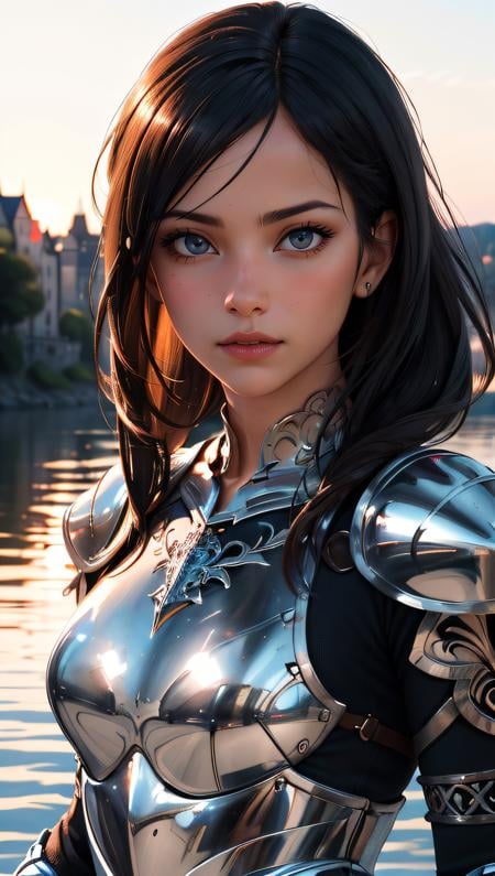 Portrait of a girl, the most beautiful in the world, (medieval armor), metal reflections, upper body, outdoors, intense sunlight, far away castle, professional photograph of a stunning woman detailed, sharp focus, dramatic, award winning, cinematic lighting, volumetrics dtx, (film grain, blurry background, blurry foreground, bokeh, depth of field, sunset,interaction, Perfectchainmail), (masterpiece), (extremely intricate:1.3), (realistic),