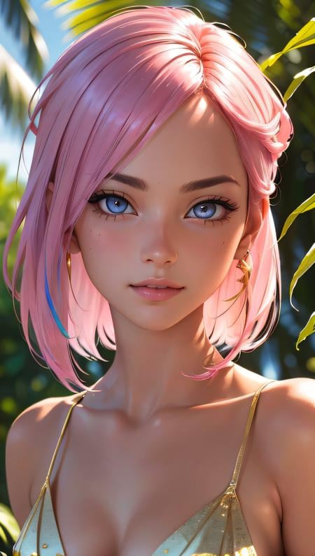 (best quality, masterpiece, perfect face, detailed symmetric iris, perfect smooth skin texture)fashion photography portrait of cute girl with iridiscent pink hair, in lush beach, gold bikini, 35mm, bokeh, 9:16, (intricate details, hyperdetailed:1.15), detailed, sunlight passing through hair, (hyperrealism, soft light, dramatic light, sharp, HDR)