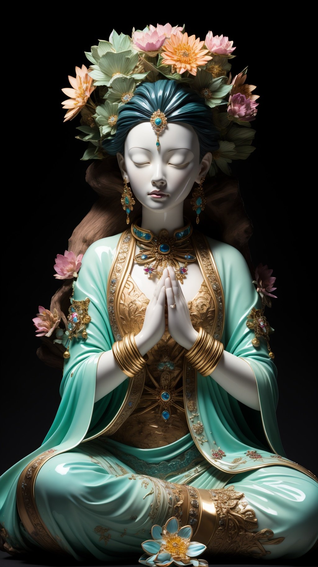 <lora:彩佛:0.9>,cf,1girl,jewelry,closed eyes,solo,flower,earrings,sitting,necklace,own hands together,bracelet,black background,hair ornament,hair flower,praying,colored skin,dress,facing viewer,simple background,full body,