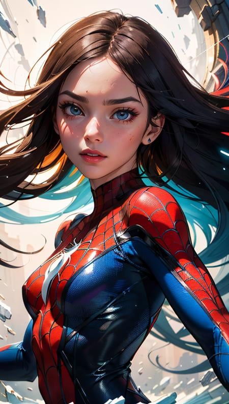 (best quality, masterpiece, colorful, dynamic angle, highest detailed) upper body photo, fashion photography of cute, intense red long hair, Mary Jane in spiderman suit,(ultrahigh resolution textures), in dynamic pose, bokeh, glowing web, (intricate details, hyperdetailed:1.15), detailed, light passing through hair, colorful art flat background(official art, extreme detailed, highest detailed),