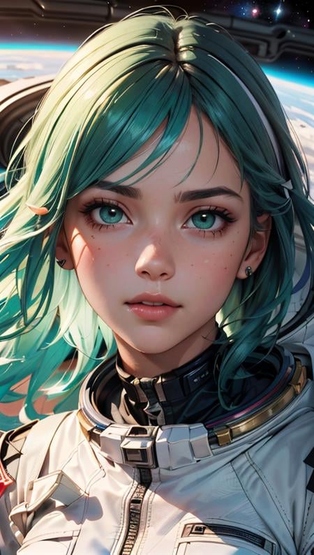 (best quality, masterpiece, perfect face, beautiful and aesthetic:1.2, colorful, dynamic angle, highest detailed face) full body photo, fashion photography of cute astronaut girl with long iridiscent green hair, in space with galaxy behind, 35mm, bokeh, 9:16, (intricate details, hyperdetailed:1.15), detailed, sunlight passing through hair (high contrast, official art, extreme detailed, highest detailed, natural skin texture, hyperrealism, soft light, sharp, perfect face),