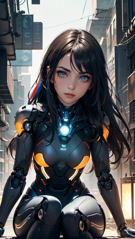 (best quality, masterpiece, colorful, dynamic angle, highest detailed)upper body photo, full body photo, fashion photography of cute  1girl, mechanical arms, cyborg, dark mood, dystopia, glowing, looking at viewer, sitting, long hair, bokeh (intricate details, hyperdetailed:1.15), detailed, light passing through hair, (official art, extreme detailed, highest detailed),