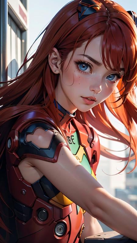 (best quality, masterpiece, colorful, dynamic angle, highest detailed)(Asuka Langley), upper body photo, fashion photography of cute red long hair girl (Asuka Langley), dressing high detailed Evangelion red suit (high resolution textures), in dynamic pose, bokeh, (intricate details, hyperdetailed:1.15), detailed, sunlight passing through hair, colorful art background, (official art, extreme detailed, highest detailed),