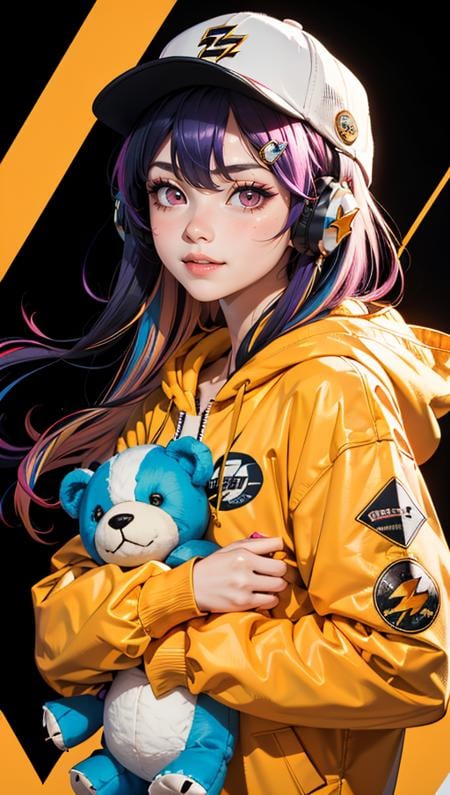 (best quality, masterpiece) 1girl, teddy bear, baseball cap, hat, solo, stuffed animal, stuffed toy, smile, long hair, hood down, jacket, hood, headphones, closed mouth, purple hair, long sleeves, fingernails, nail polish, sleeves past wrists, looking at viewer, multicolored eyes, bangs, hooded jacket, yellow nails, red jacket, multicolored nails, hair ornament, object hug, blush, red nails, white headwear, upper body, purple eyes, claw pose, heart, black headwear, hand up, bow, hoodie, hairclip, nail art, button badge, very long hair, hair between eyes, orange nails, puffy long sleeves, puffy sleeves, black bow, badge, holding, drawstring, red eyes, pink nails, star (symbol), multicolored hair, blue nails, holding stuffed toy, lightning bolt symbol, colorful, looking to the side