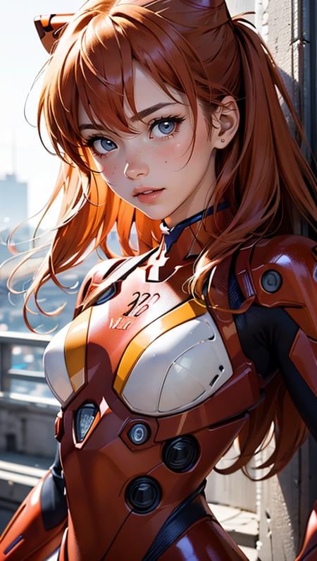 (best quality, masterpiece, colorful, dynamic angle, highest detailed)(Asuka Langley), upper body photo, fashion photography of cute red long hair girl (Asuka Langley), dressing high detailed Evangelion red suit (high resolution textures), in dynamic pose, bokeh, (intricate details, hyperdetailed:1.15), detailed, sunlight passing through hair, colorful art background, (official art, extreme detailed, highest detailed),