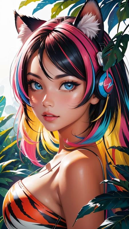 (masterpiece:1.1), (highest quality:1.1), (HDR:1.0), extreme quality, cg, (negative space), detailed face+eyes, 1girl, fox ears, animal ear fluff, (plants:1.18), (fractal art), (bright colors), splashes of color background, colors mashing, paint splatter, complimentary colors, neon, (thunder tiger), compassionate, electric, limited palette, synthwave, fine art, tan skin, upper body, (blu and red:1.2), time stop, sy3, SMM