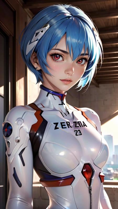 (best quality, masterpiece, colorful, dynamic angle, highest detailed)(Rei Ayanami), upper body photo, fashion photography of flirting blue bobbed hair girl (Rei Ayanami), detailed red eyes, dressing high detailed Evangelion white suit (high resolution textures), in dynamic pose, bokeh, (intricate details, hyperdetailed:1.15), detailed, sunlight passing through hair, colorful artistic background, (Evangelion official art, extreme detailed, highest detailed),