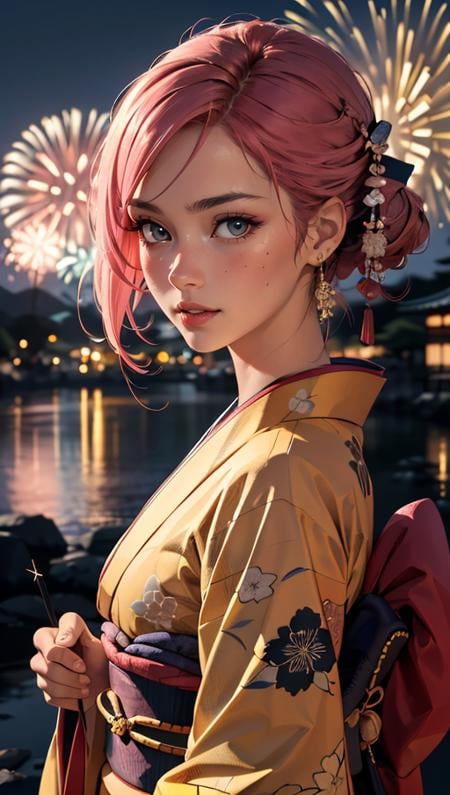 (best quality, masterpiece, colorful, dynamic angle, highest detailed)upper body photo, fashion photography of a cute marocco  girl with iridiscent pink hair, flirting with POV, in traditional japanese gold&black kimono, ultra detailed kimono textures, high contrast, night, kyoto, fireworks,  (intricate details, hyperdetailed:1.15), detailed, moonlight passing through hair, (official art, extreme detailed, highest detailed),