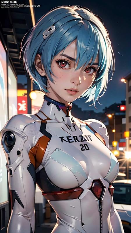 (best quality, masterpiece, colorful, dynamic angle, highest detailed)(Rei Ayanami), upper body photo, fashion photography of flirting blue bobbed hair girl (Rei Ayanami), detailed red eyes, dressing high detailed Evangelion white suit (high resolution textures), in dynamic pose, bokeh, (intricate details, hyperdetailed:1.15), detailed, sunlight passing through hair, colorful artistic background, (Evangelion official art, extreme detailed, highest detailed),