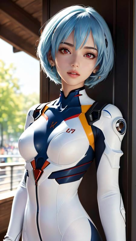 (best quality, masterpiece, colorful, dynamic angle, highest detailed)(\Rei Ayanami\), upper body photo, fashion photography of cute girl (\Rei Ayanami\), red eyes, dressing high detailed Evangelion white suit (high resolution textures), in dynamic pose, bokeh, (intricate details, hyperdetailed:1.15), detailed, sunlight passing through hair, colorful art background, (official art, extreme detailed, highest detailed),