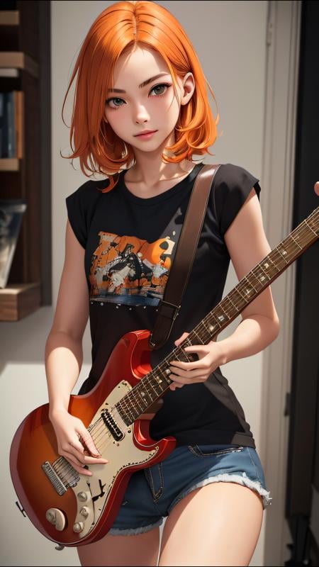 (ultra realistic, best quality, masterpiece)  perfect face, orange hair, 18 years old girl, guitar play, punk-rock