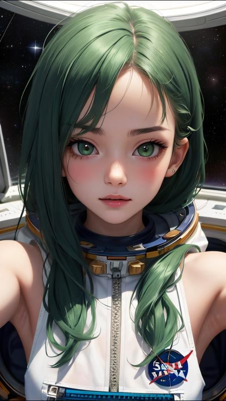 (best quality, masterpiece)  perfect face, 18 years old girl, medium tits, astronauts on space , green hair