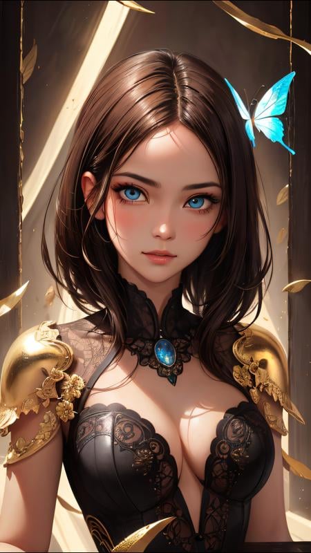 8k portrait of beautiful cyborg with brown hair, intricate, elegant, highly detailed, majestic, digital photography, art by artgerm and ruan jia and greg rutkowski surreal painting gold butterfly filigree, broken glass, (masterpiece, sidelighting, finely detailed beautiful eyes: 1.2), hdr, <lora:more_details:0.2>