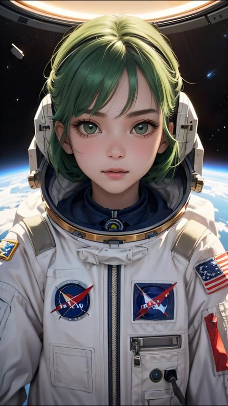 (best quality, masterpiece)  perfect face, 18 years old girl, medium tits, astronauts on space , green hair