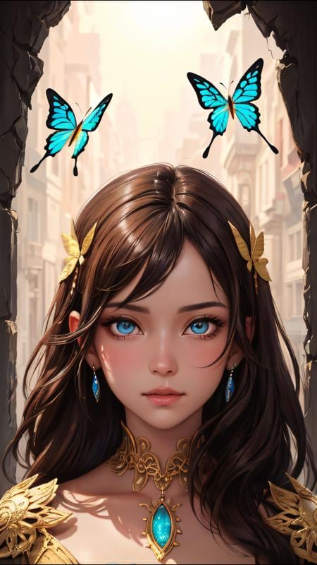 8k portrait of beautiful cyborg with brown hair, intricate, elegant, highly detailed, majestic, digital photography, art by artgerm and ruan jia and greg rutkowski surreal painting gold butterfly filigree, broken glass, (masterpiece, sidelighting, finely detailed beautiful eyes: 1.2), hdr, <lora:more_details:0.2>