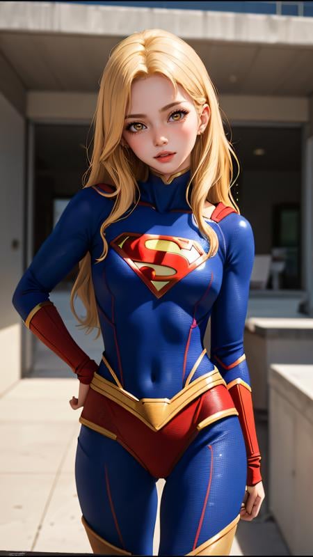 (best quality, masterpiece, perfect face) golden hair, 18 years old girl, medium tits, supergirl suit cosplay, flirting on camera