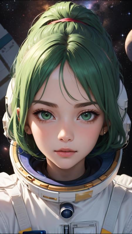 (best quality, masterpiece)  perfect face, 18 years old girl, astronauts on space, green hair,