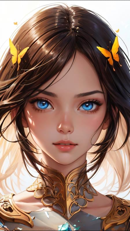 8k portrait of beautiful cyborg with brown hair, intricate, elegant, highly detailed, majestic, digital photography, art by artgerm and ruan jia and greg rutkowski surreal painting gold butterfly filigree, broken glass, (masterpiece, sidelighting, finely detailed beautiful eyes: 1.2), hdr, <lora:more_details:0.2>