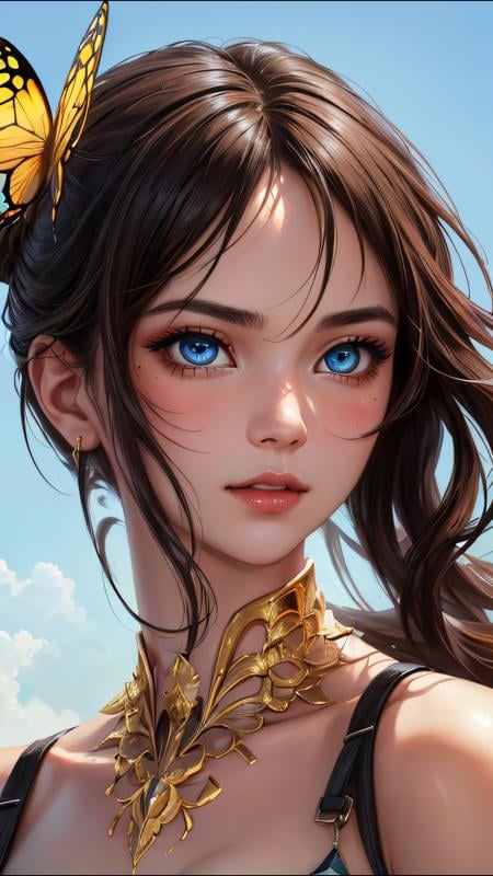 8k portrait of beautiful cyborg with brown hair, intricate, elegant, highly detailed, majestic, digital photography, art by artgerm and ruan jia and greg rutkowski surreal painting gold butterfly filigree, broken glass, (masterpiece, sidelighting, finely detailed beautiful eyes: 1.2), hdr, <lora:more_details:0.2>