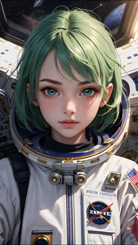 (best quality, masterpiece)  perfect face, 18 years old girl, astronauts on space, green hair,