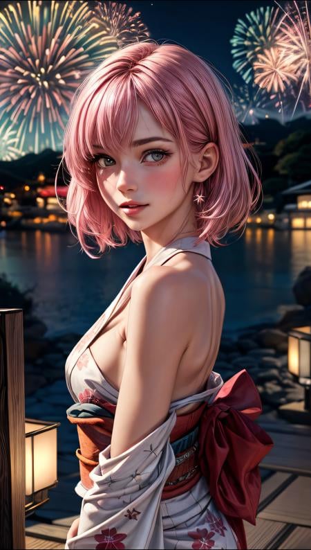 (ultra realistic, best quality, masterpiece, perfect face) pink hair, 18 years old girl, flirting on camera, in traditional japanese kimono, night, kyoto, fireworks <lora:more_details:1>