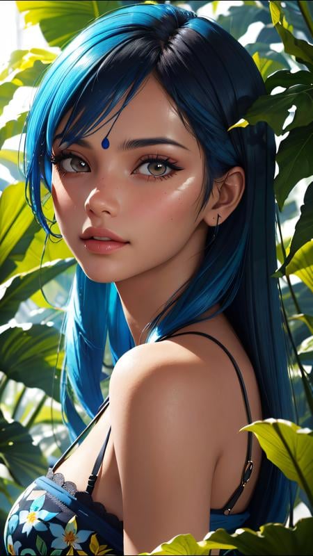 fashion photography portrait of indian girl with blue hair, in lush jungle with flowers, 3d render, cgi, symetrical, octane render, 35mm, bokeh, 9:16, (intricate details:1.12), hdr, (intricate details, hyperdetailed:1.15), (natural skin texture, hyperrealism, soft light, sharp:1.2), detailed, sunlight passing through foliage