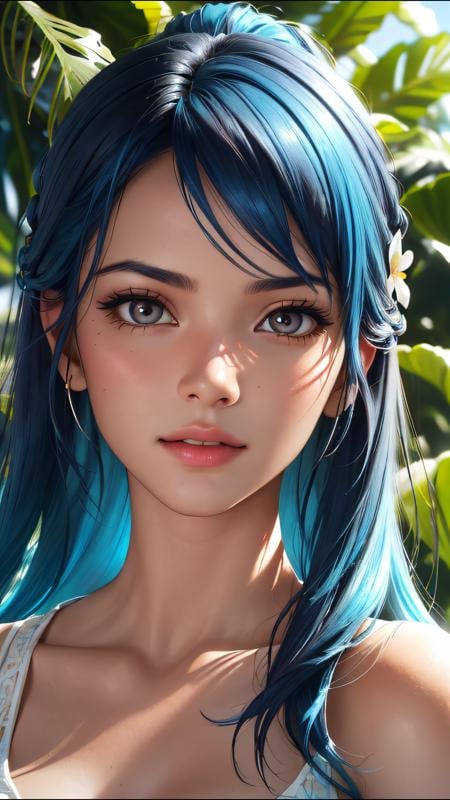 fashion photography portrait of indian girl with blue hair, in lush jungle with flowers, 3d render, cgi, symetrical, octane render, 35mm, bokeh, 9:16, (intricate details:1.12), hdr, (intricate details, hyperdetailed:1.15), (natural skin texture, hyperrealism, soft light, sharp:1.2), detailed, sunlight passing through foliage