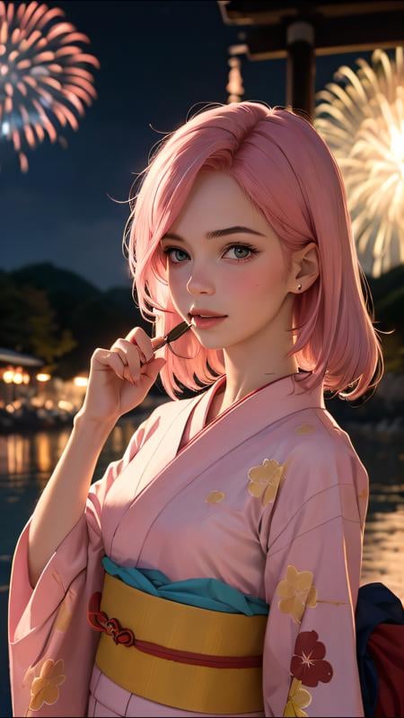 (ultra realistic, best quality, masterpiece, perfect face) pink hair, 18 years old girl, flirting on camera, in traditional japanese kimono, night, kyoto, fireworks