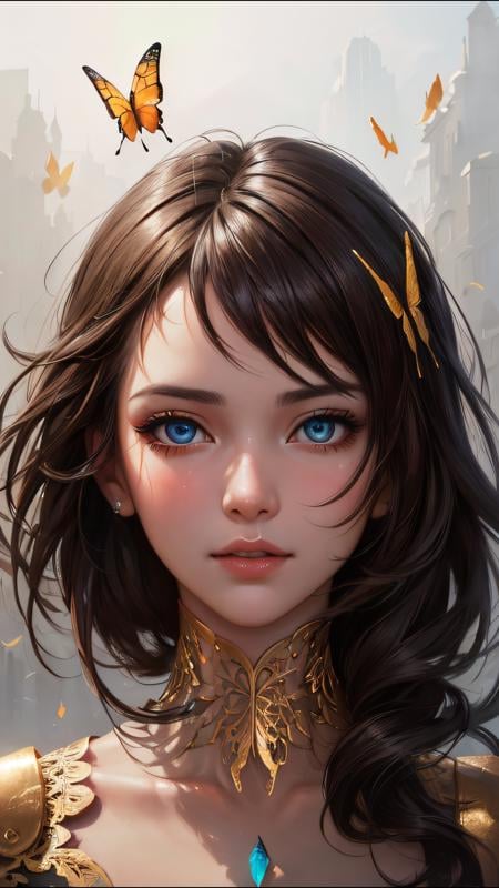 8k portrait of beautiful cyborg with brown hair, intricate, elegant, highly detailed, majestic, digital photography, art by artgerm and ruan jia and greg rutkowski surreal painting gold butterfly filigree, broken glass, (masterpiece, sidelighting, finely detailed beautiful eyes: 1.2), hdr, <lora:more_details:0.2>