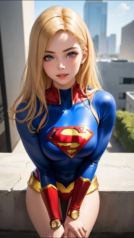 (best quality, masterpiece, perfect face) golden hair, 18 years old girl, medium tits, supergirl suit cosplay, flirting on camera