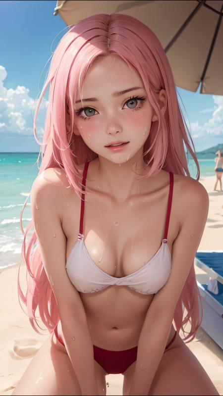 (best quality, masterpiece, perfect face) pink hair, 18 years old girl, medium tits, sweaty, beach