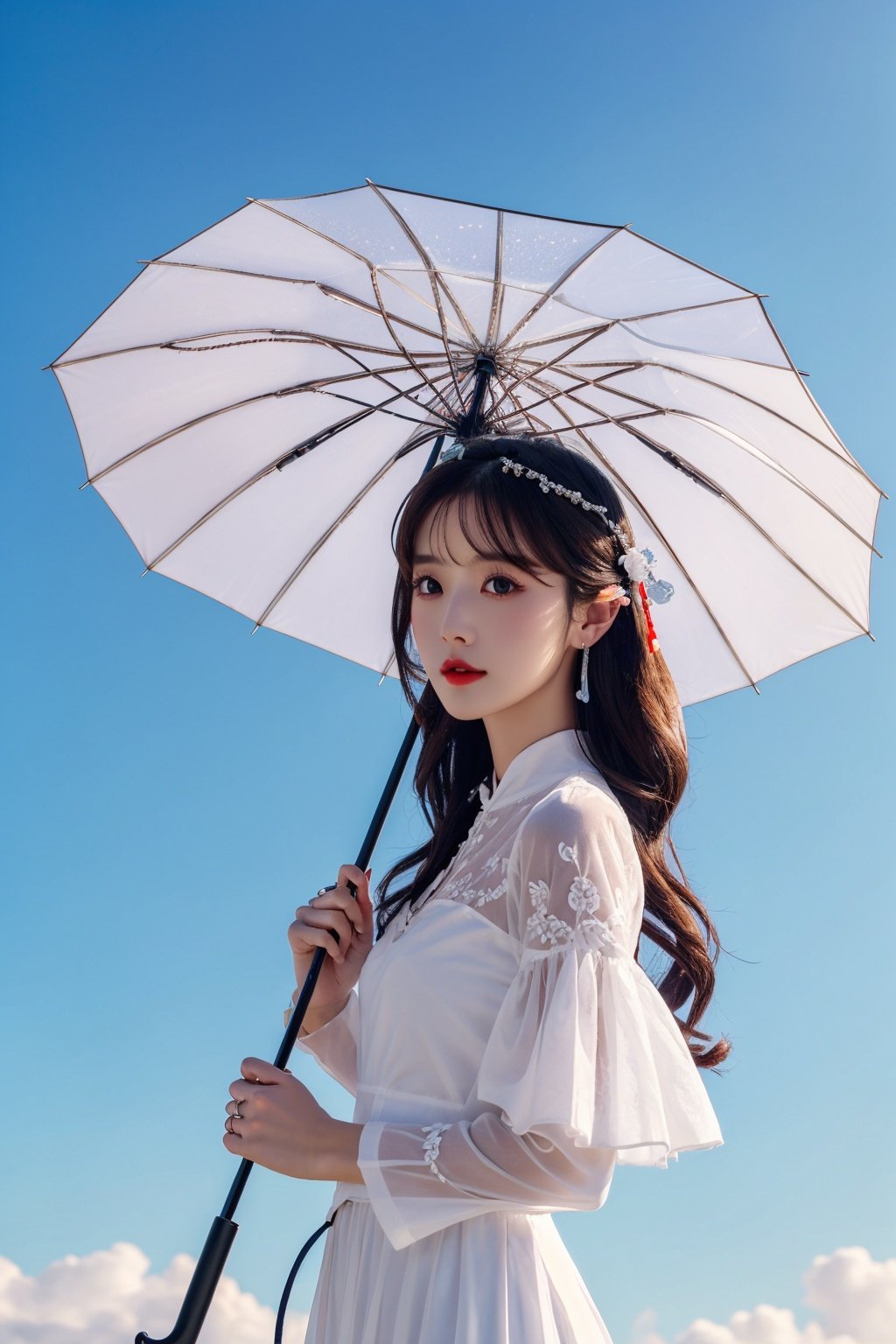 1Girl, Umbrella, Black Hair, Solo, Sky, Dress, Cloud, Long Hair, White Dress, Umbrella, Blue Sky, Hair Accessories, Umbrella, Chinese Clothes, Oil Paper Umbrella, Split Sleeve, Hair Ring