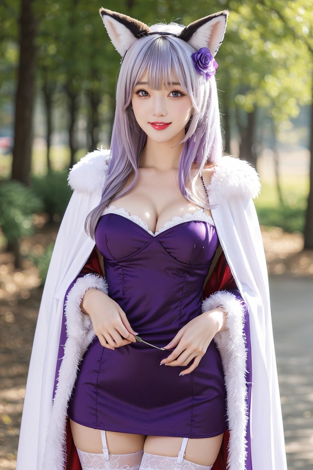  , 1girl, animal ears, long hair, thighhighs, solo, purple eyes, tail, dress, see-through, fur trim, fox ears, breasts, looking at viewer, very long hair, white thighhighs, bangs, cleavage, cloak, animal ear fluff, hair between eyes, flower, smile, hood, cape, outdoors, antenna hair, cowboy shot, holding, purple dress, fox tail, blurry, branch, parted lips, white hair