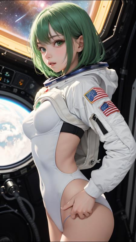 (best quality, masterpiece, perfect face) green hair, 18 years old girl, medium tits, sexy astronaut on space