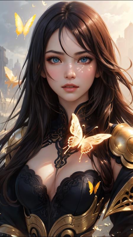 (Perfect face) 8k portrait of beautiful cyborg with brown hair, intricate, elegant, highly detailed, majestic, digital photography, art by artgerm and ruan jia and greg rutkowski surreal painting gold butterfly filigree, broken glass, (masterpiece, sidelighting, finely detailed beautiful eyes: 1.2), hdr, <lora:more_details:0.2>