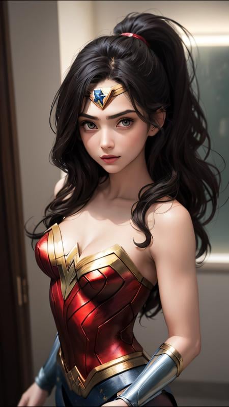 (best quality, masterpiece, perfect face) beautiful hair, 18 years old girl, medium tits,  wonder woman suit cosplay, flirting on camera