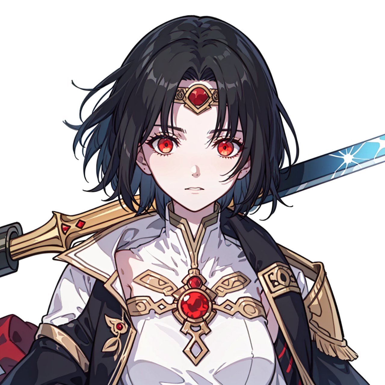  (masterpiece:1.3),(the best quality:1.2),(super fine illustrations:1.2),(Masterpiece),high quality,high detail,(white background:1.2),looking at viewer,(SOLO:1.4),outline,simple background,,circlet,gem,hair ornament,holding weapon,red eyes,weapon,short hair,sleeveless,black hair,1girl,solo,