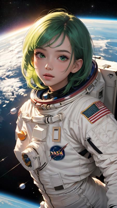 (best quality, masterpiece, perfect face) green hair, 18 years old girl, medium tits, astronaut on space