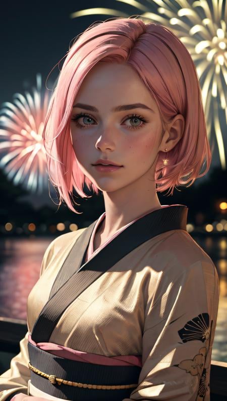 (ultra realistic, best quality, masterpiece, perfect face) pink hair, 18 years old european girl, flirting with POV, in traditional japanese gold&black kimono, ultra detailed kimono textures, high contrast, (natural skin texture, hyperrealism, soft light, sharp), night, kyoto, fireworks