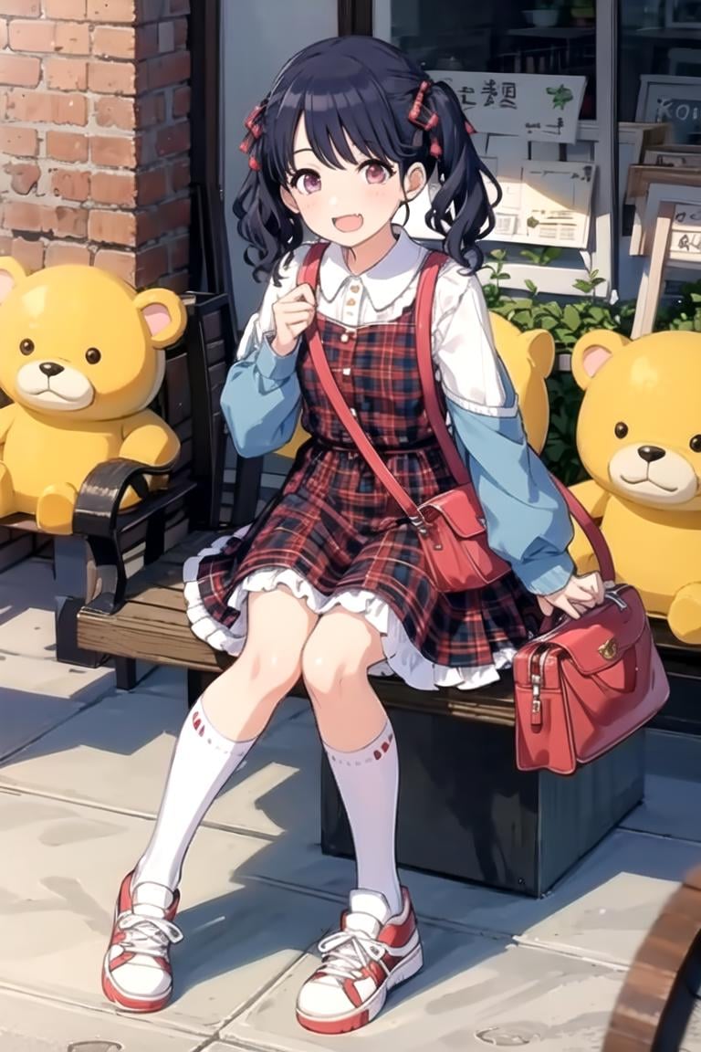 <lora:Koito-09:0.7> ,koitosc, 1girl, solo, looking at viewer, smile, open mouth, shirt, black hair, dress, ribbon, twintails, sitting, purple eyes, hair ribbon, outdoors, shoes, sleeveless, day, socks, medium hair, bag, plaid, kneehighs, fangs, stuffed toy, stuffed animal, blue shirt, white socks, sneakers, handbag, shoulder bag, road, plaid dress, skin fangs, brick floor